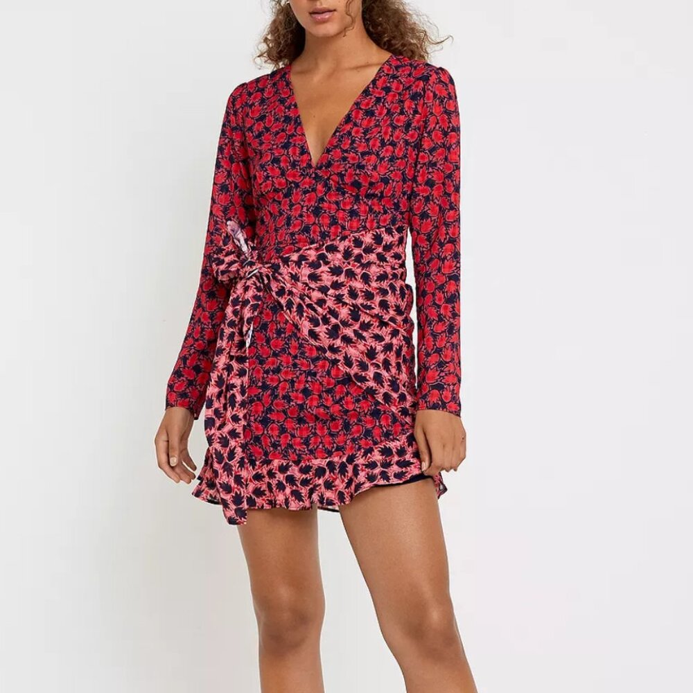 The East Order Navy Blue Red Long Sleeve Tie Front V Neck Ruffle Mini Dress XS